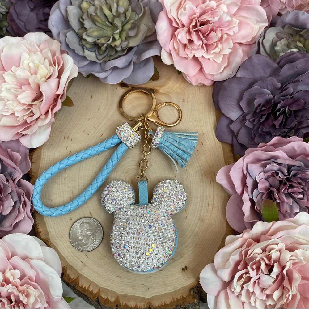 Crystal Mickey Mouse with Light Blue Tassel & Braided Wristlet Keychain - Picture 11 of 12